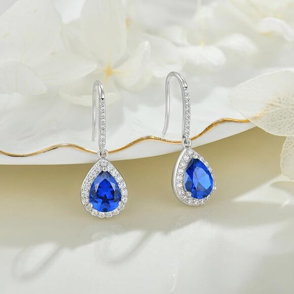 Halo Teardrop Dangle Earrings – Sterling Silver Created Sapphire NWT - Picture 1 of 7